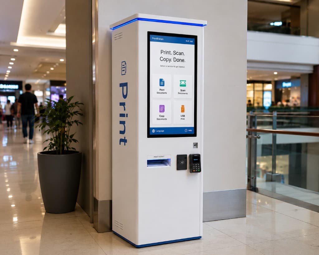 A Print Kiosk standing beside a walkway in a shopping mall