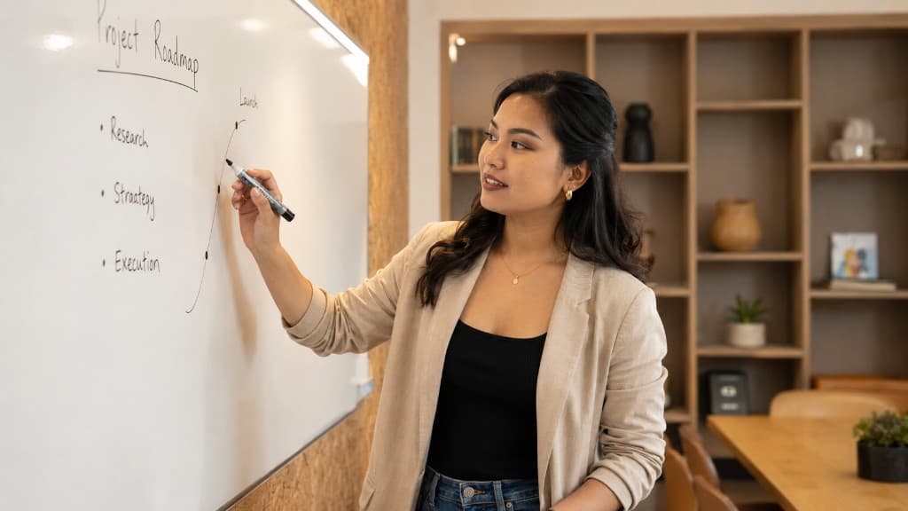 Teammate mapping out a project roadmap on a whiteboard